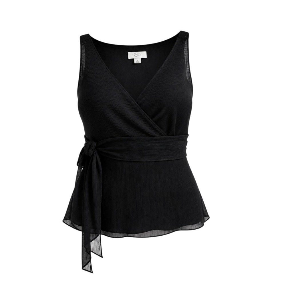 LOFT Sleeveless Peplum Black Wrap Top Tie Waist Chiffon Overlay Feminine Sz 10